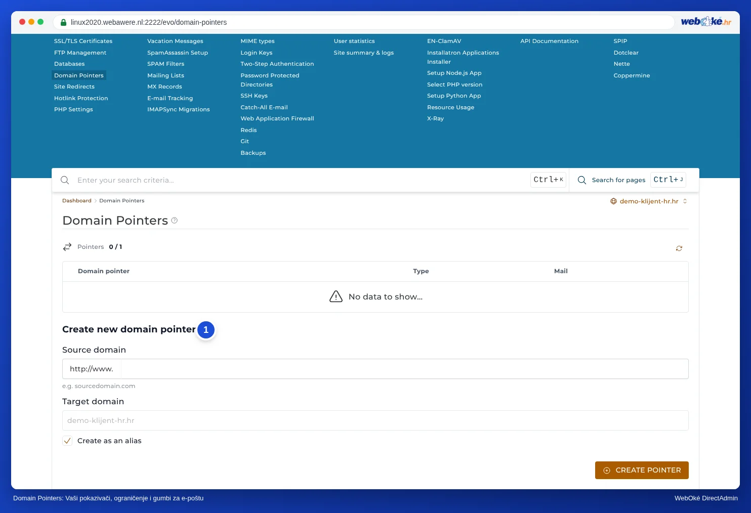 Stranica Domain Pointers s gumbom Create Domain Pointer, brojačem Pointers 0 / 1 i gumbima Delete, Set Local Mail i Set Remote Mail