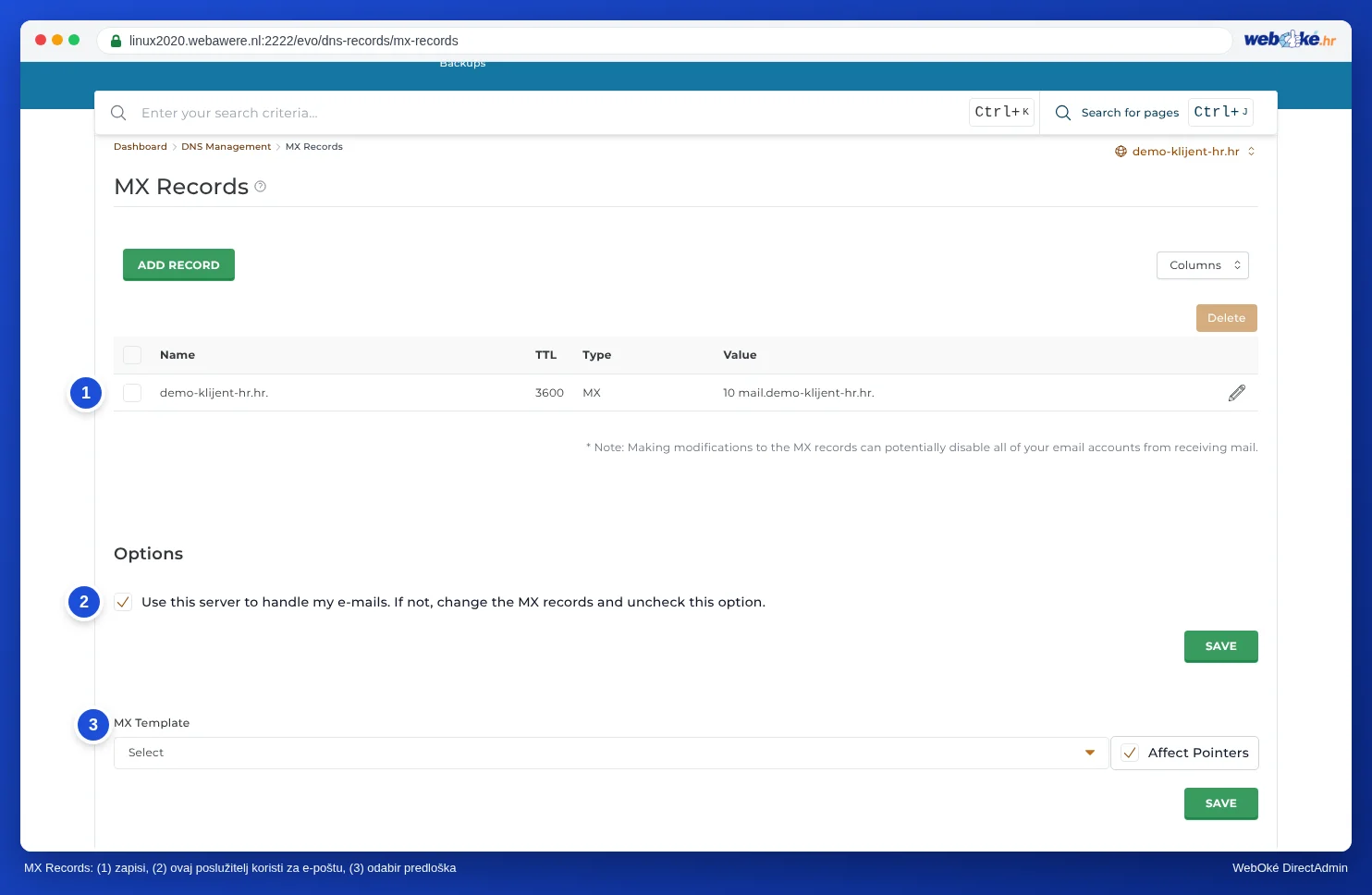 Stranica MX Records s dva MX-recorda, opcijom Use this server to handle my emails i izborom MX Template