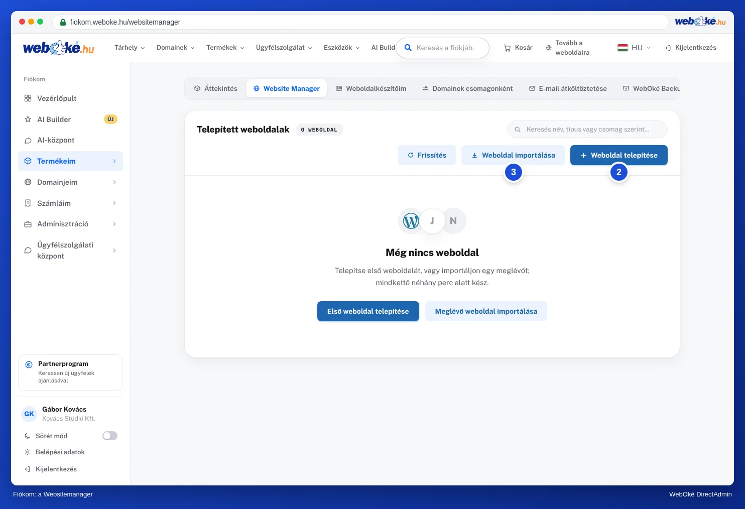 A Website Manager a Fiókom szolgáltatásban egy telepített WordPress weboldallal, valamint a Frissítés, Weboldal importálása és Weboldal telepítése gombokkal