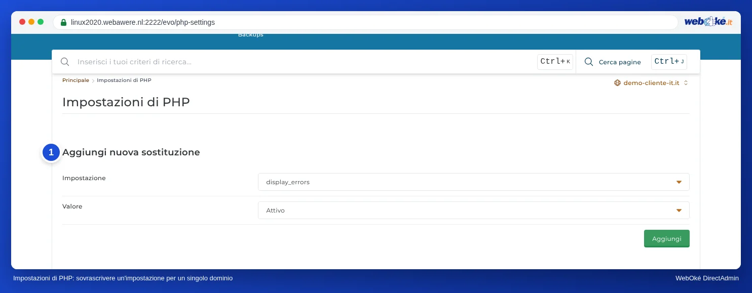 La sezione Impostazioni di PHP per demo-cliente-it.it con il blocco Aggiungi nuova sostituzione, i campi Impostazione e Valore e il pulsante Aggiungi