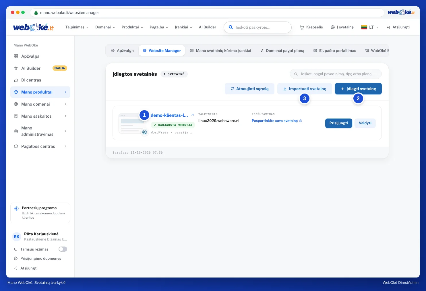 Svetainių tvarkyklė Mano WebOké su įdiegta WordPress svetaine ir mygtukais Atnaujinti, Importuoti svetainę ir Įdiegti svetainę
