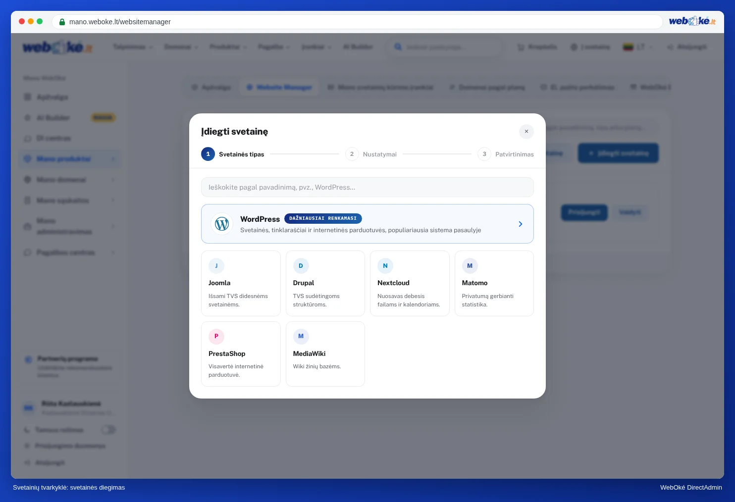 Langas Įdiegti svetainę Svetainių tvarkyklėje su WordPress viršuje ir kita programine įranga, tokia kaip Joomla, Drupal ir Nextcloud