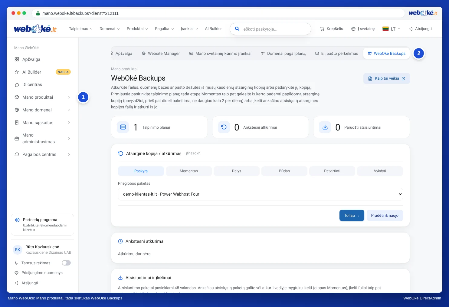 Mano WebOké su skiltimi Mano produktai kairėje ir skirtukais viršuje, tarp jų WebOké Backups