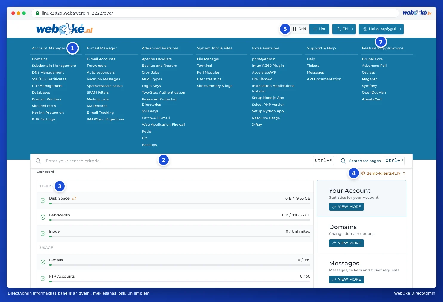 DirectAdmin dashboard ar numurētām sastāvdaļām: izvēlne, meklēšanas josla, limiti, domēna izvēlne, pogas Raster un Lijst, valodas poga un lietotāja izvēlne