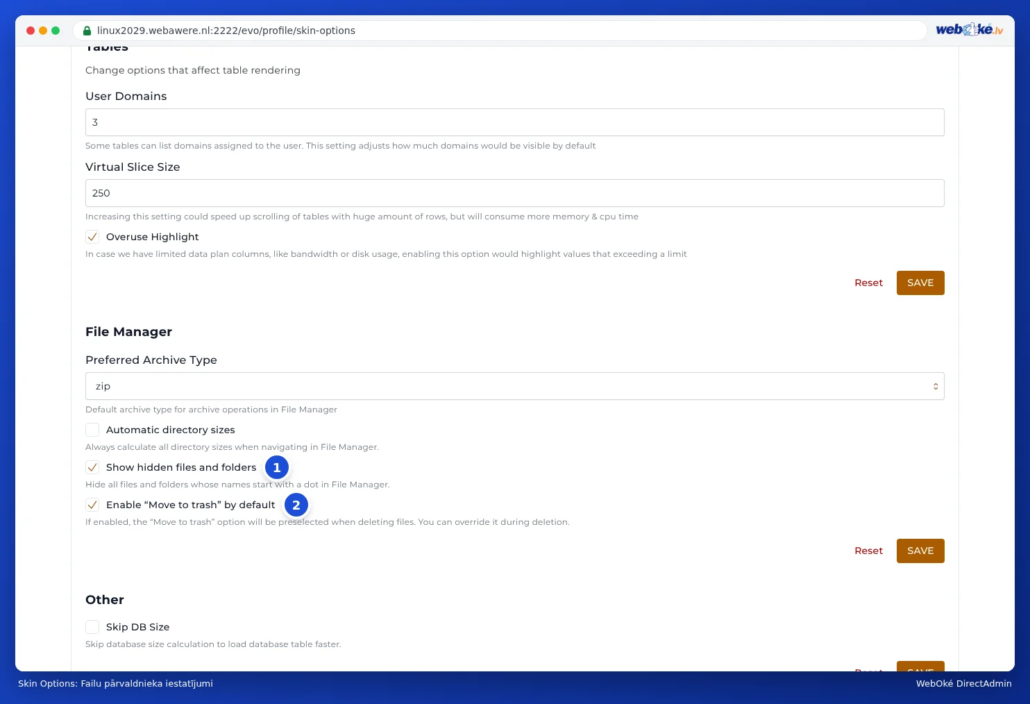 Bloks File Manager sadaļā Skin Options ar iestatījumiem arhīva tipam, mapju izmēriem, slēptajiem failiem un atkritni