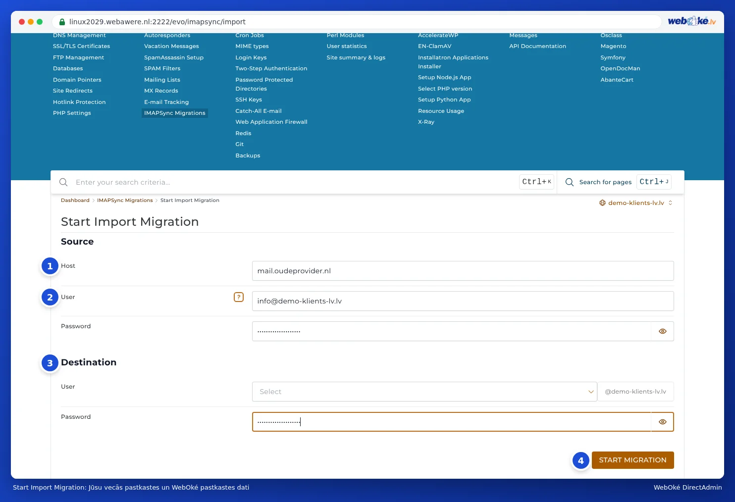Veidlapa Start Import Migration ar laukiem Host, User un Parole sadaļā Source un pastkasti un paroli sadaļā Destination