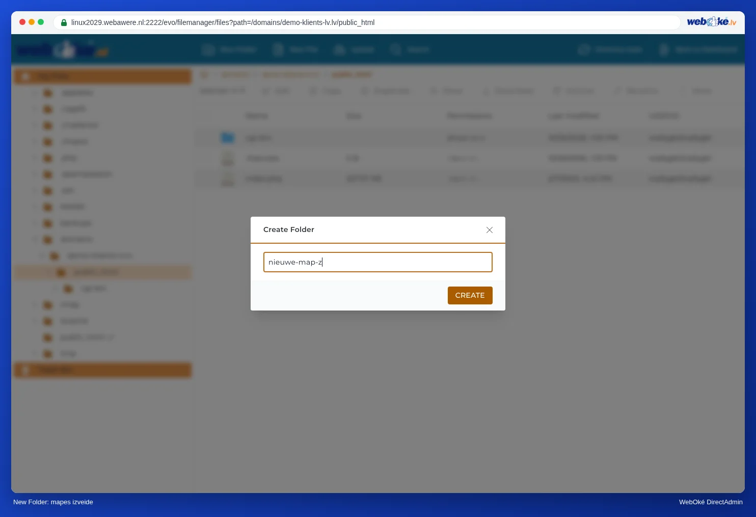 Logs Create Folder pakalpojumā File Manager ar nosaukumu nieuwe-map-z un pogu Create
