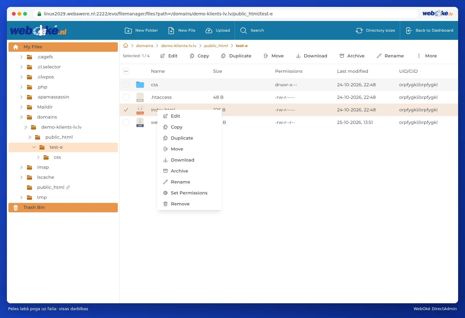 Izvēlne, kas parādās pēc klikšķa ar peles labo pogu uz faila, ar Modify, Copy, Duplicate, Move, Download, Archive, Rename, Set Permissions un Dzēst