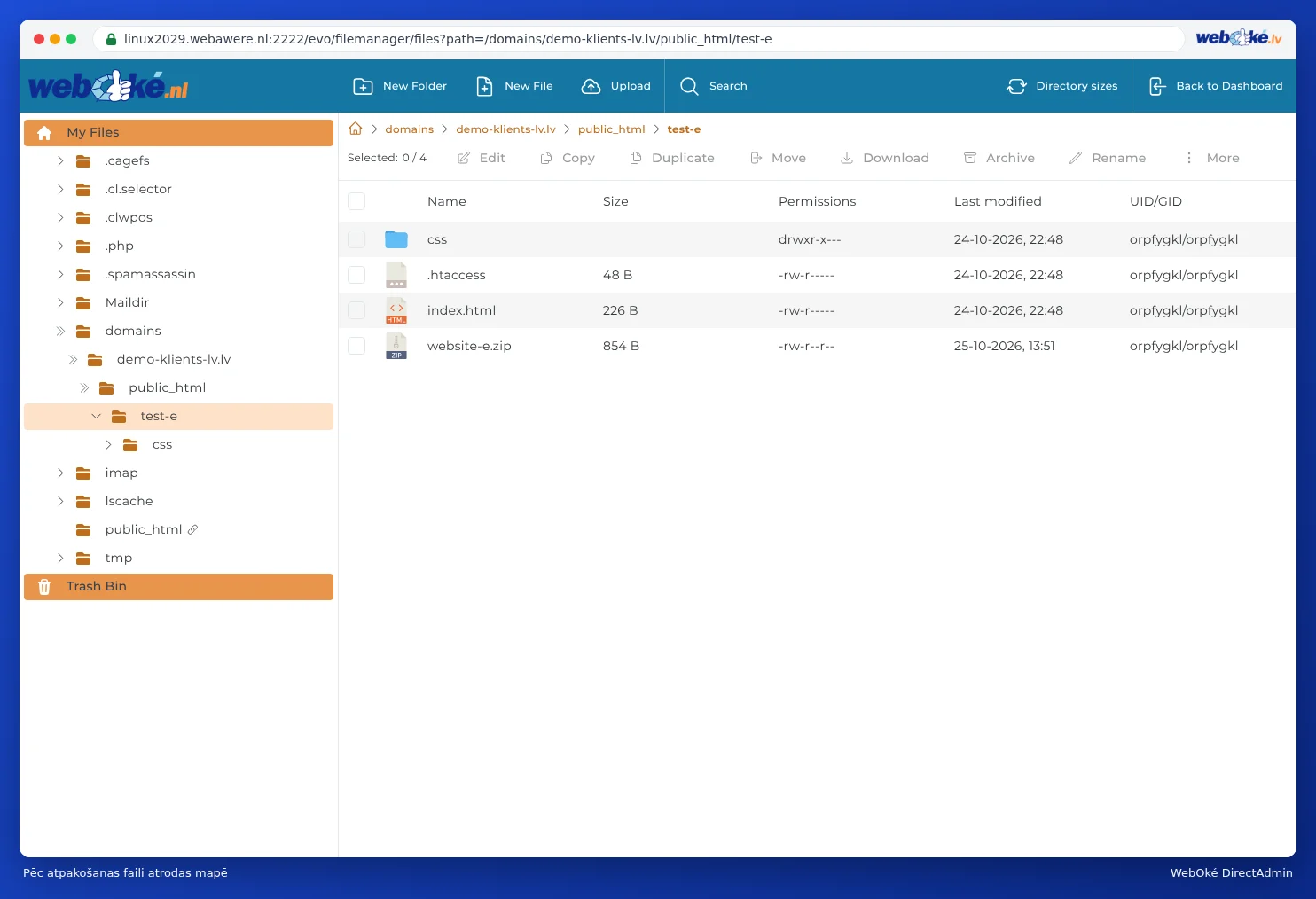 Mape test-e pēc izpakošanas ar mapi css, failu .htaccess, index.html un zip failu