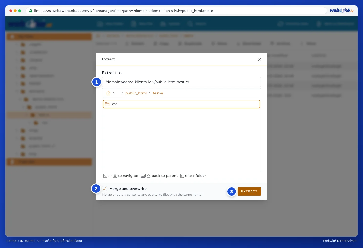 Logs Extract ar ceļu, kurā tiks izpakots, opciju Merge and overwrite un pogu Extract