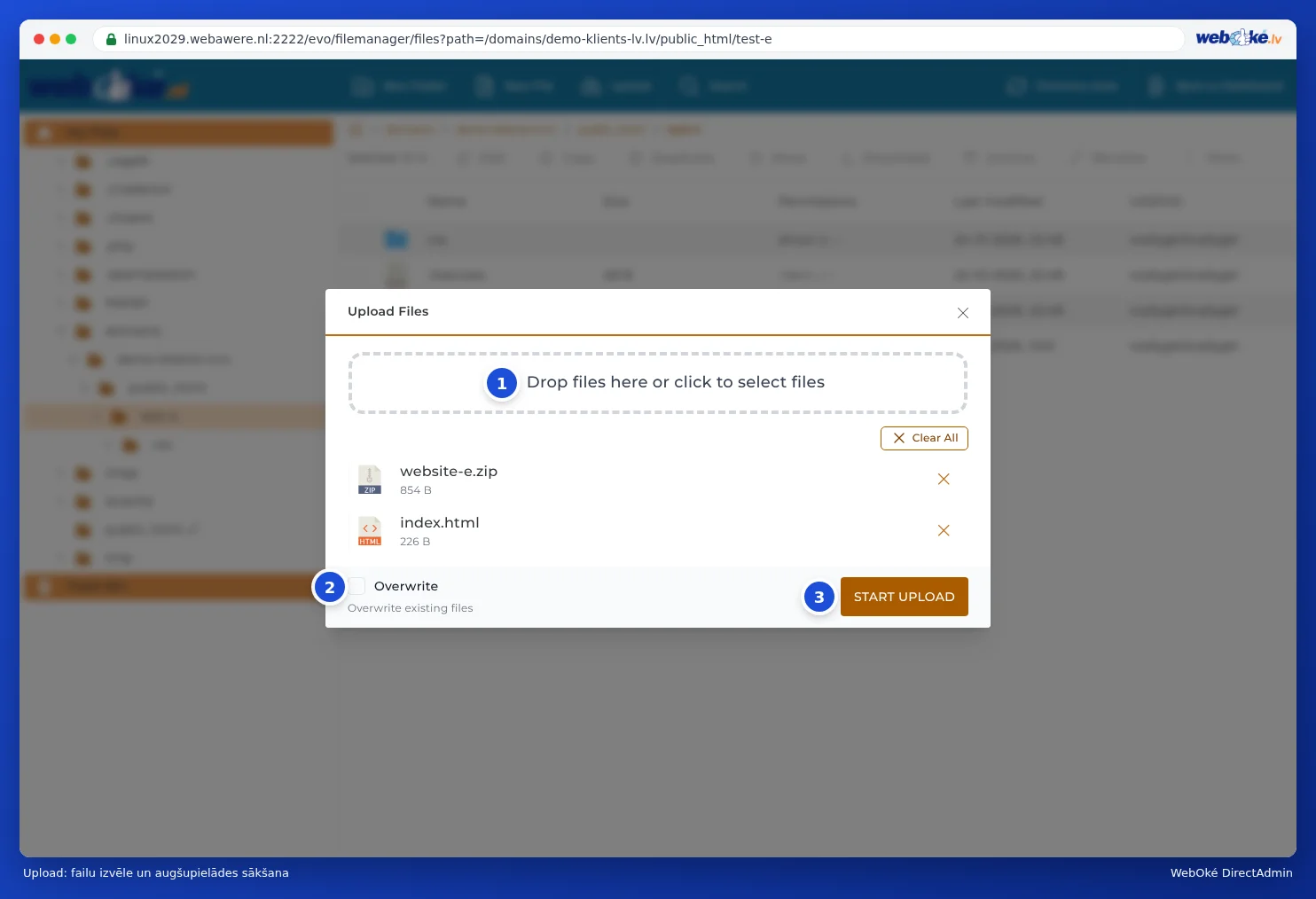 Logs Upload Files pakalpojumā File Manager ar diviem izvēlētiem failiem, opciju Overwrite un pogu Start Upload