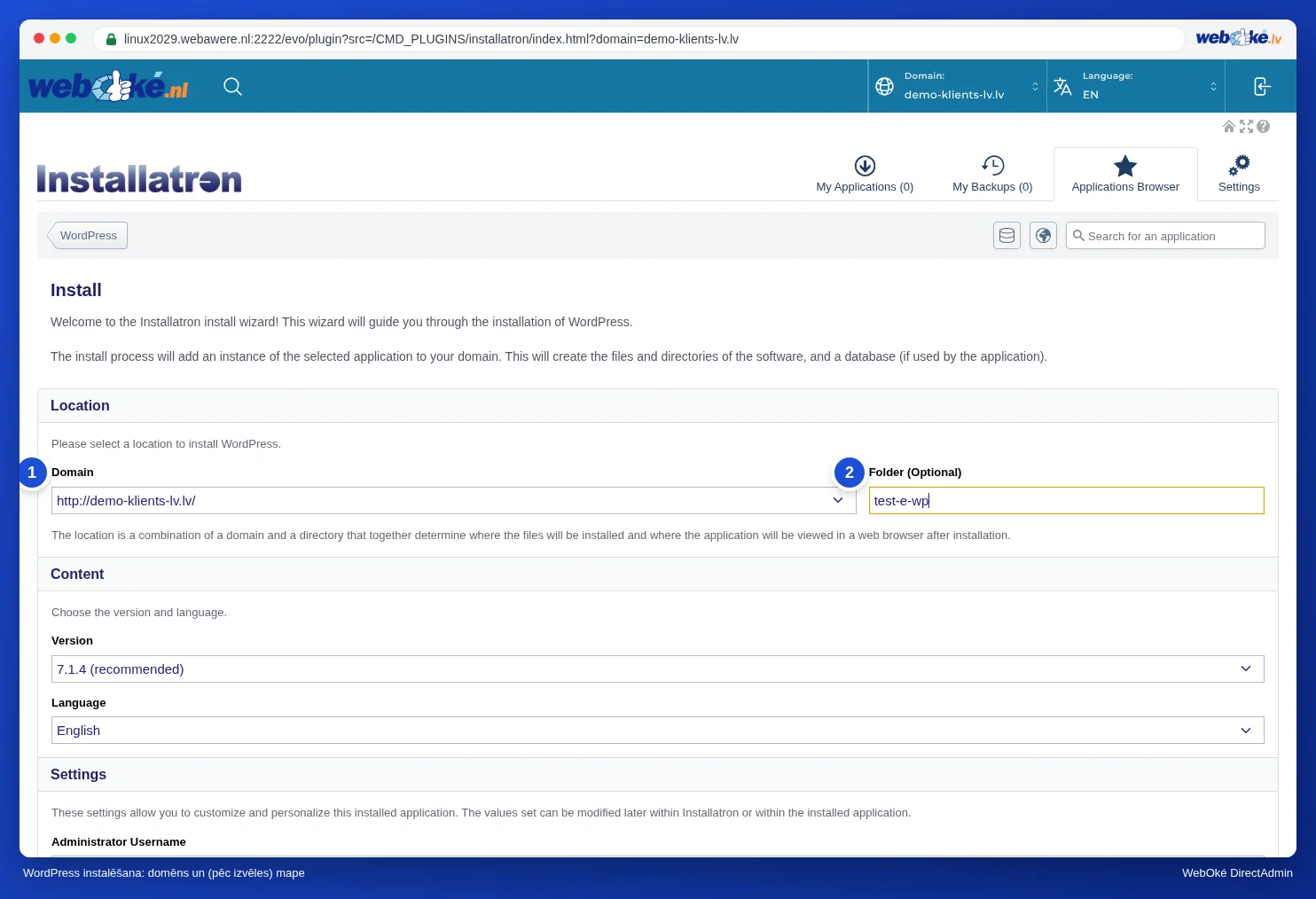 WordPress instalēšanas forma ar domēnu, ceļu, versiju un valodu