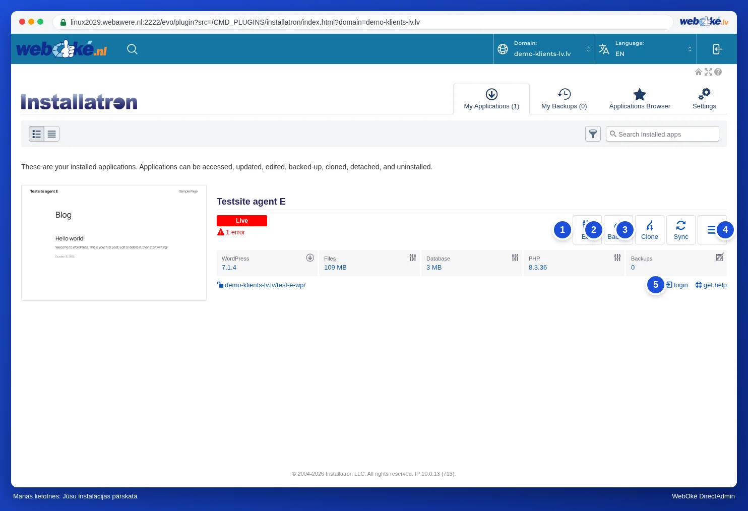 Mijn applicaties sadaļa Installatron ar tikko instalēto WordPress un pogām Bewerk, Back-up, Kopēt un Synch