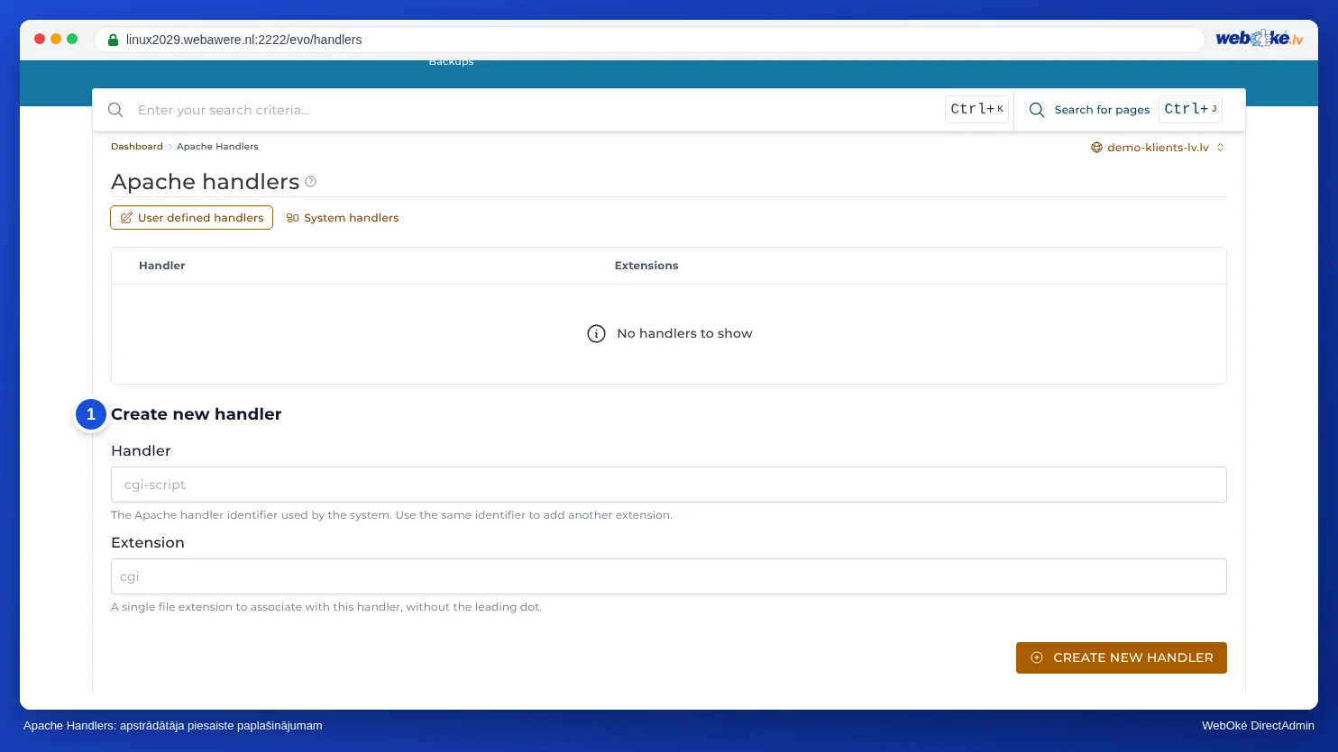 Sadaļa Apache handlers ar cilnēm User defined handlers un System handlers un formu Create new handler