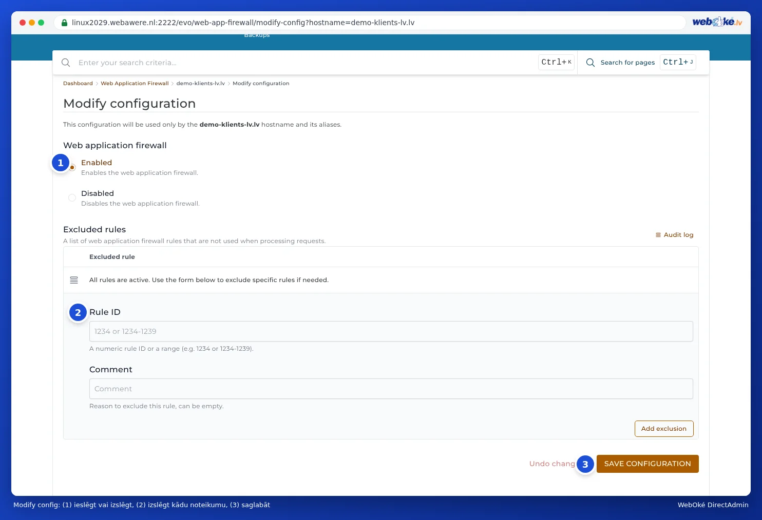 Ekrāns Modify config ar izvēli Enabled vai Disabled, lauku Rule ID, lauku Comment un pogu Save configuration