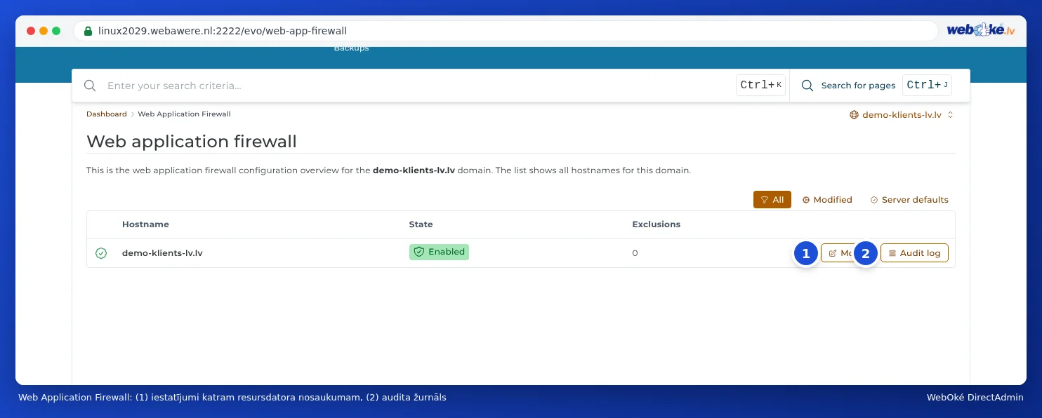 Web application firewall pārskats domēnam voorbeelddomein5.nl ar statusu Enabled, 0 izņēmumiem un saitēm Modify un Audit log