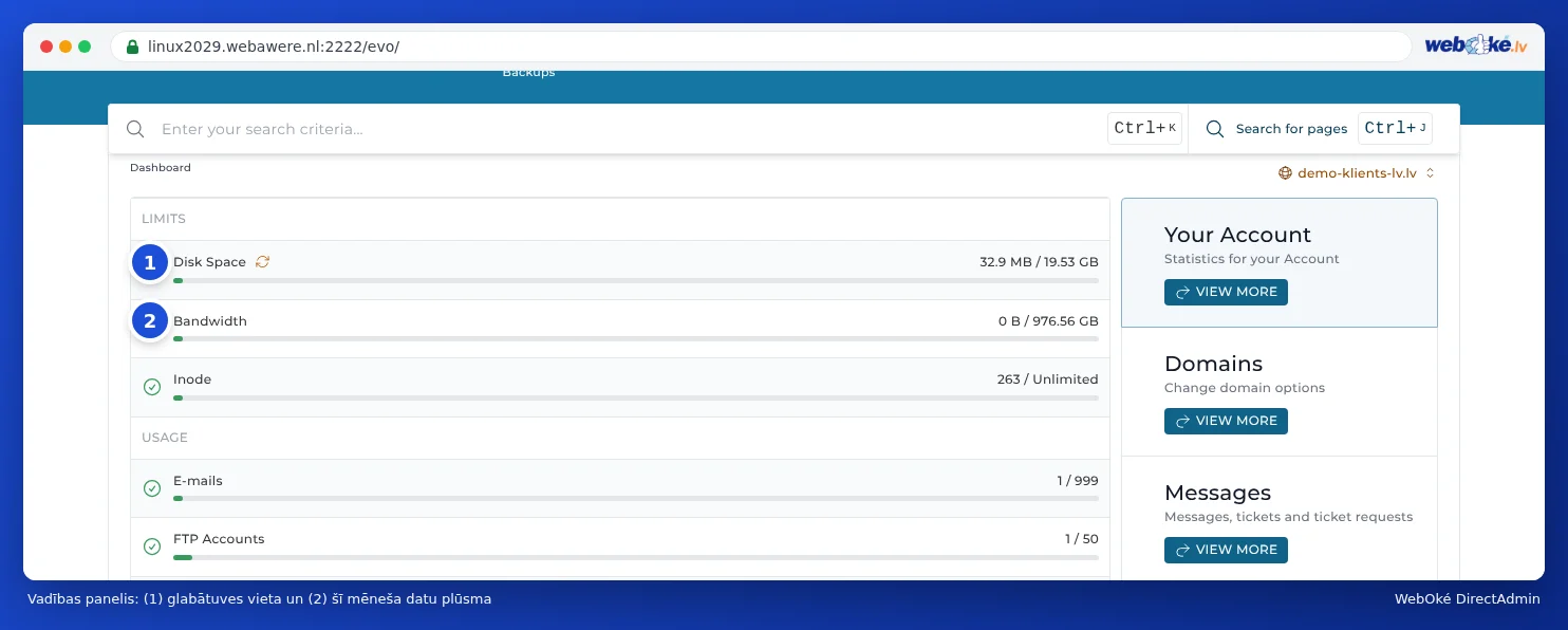 DirectAdmin informācijas panelis ar limitiem Disk Space, Bandwidth un Inode, zem tiem redzams e-pastu, FTP kontu un datubāzu lietojums