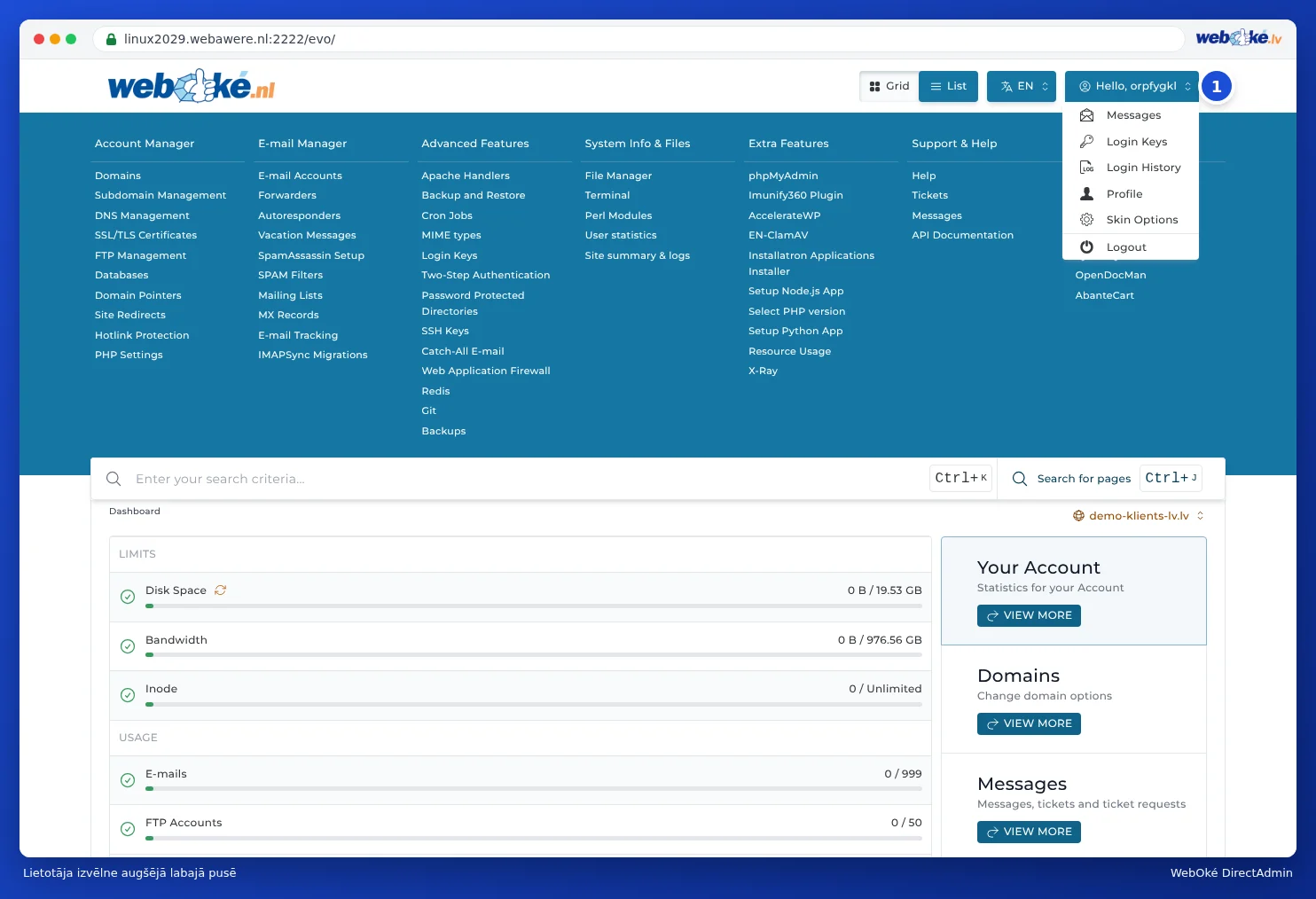 DirectAdmin lietotāja izvēlne ar Message Area, Login Keys, Login History, Profile, Skin Options un Logout