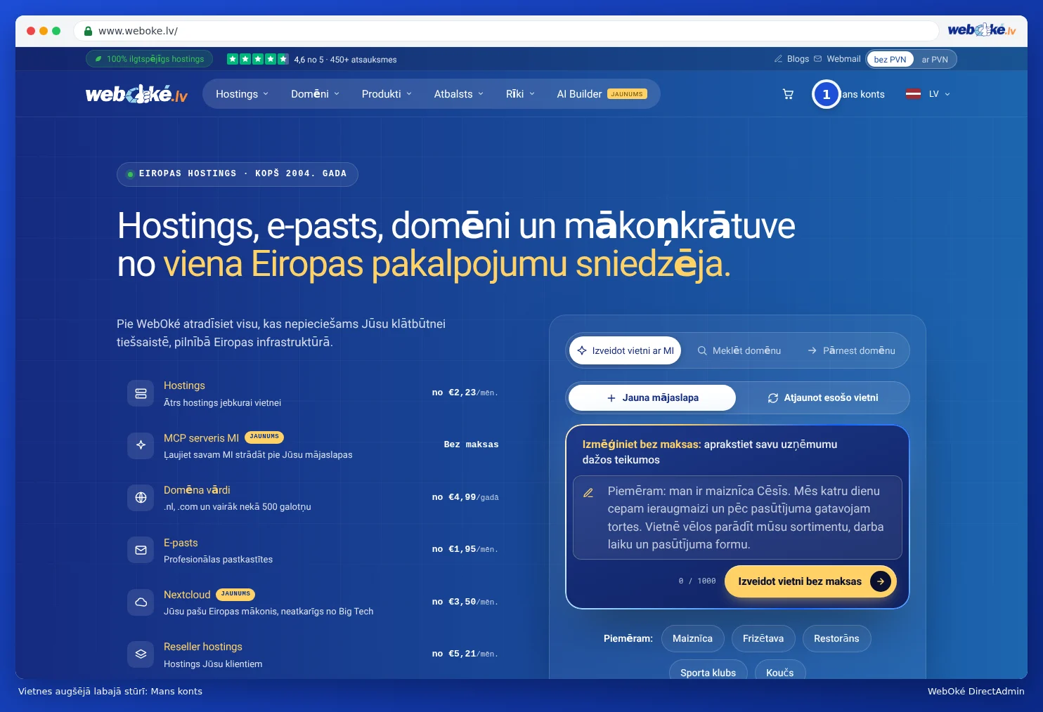 WebOké tīmekļvietne ar saiti Mans Account labajā augšējā stūrī
