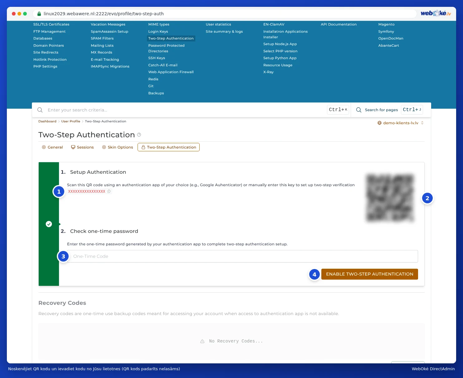 Soļi Authenticatie instellen ar slepeno atslēgu un QR kodu, un Controleer de eenmalig wachtwoord ar ievades lauku un pogu Authenticatie met twee stappen inschakelen