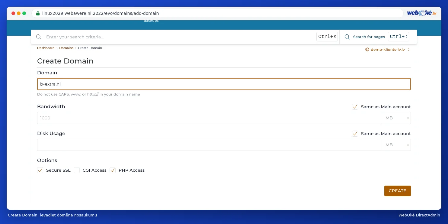 Lapa Create Domain ar lauku Domain un izvēles rūtiņām Same as Main account