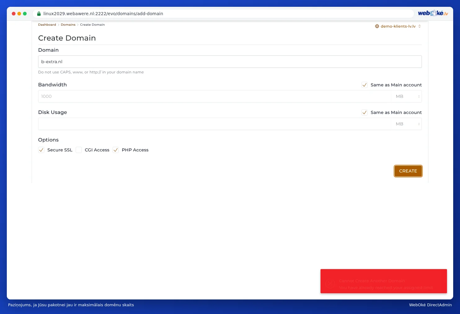 DirectAdmin ar paziņojumu Can't create another domain, You have already reached your allocated limit