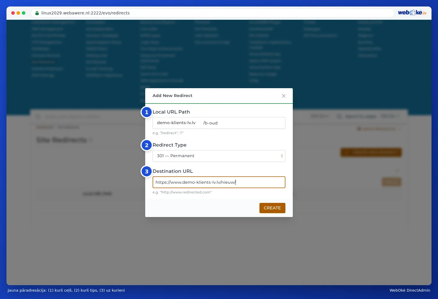 Logs Nieuwe Omleiding Toevoegen ar laukiem Lokaal URL pad, Omleidings Type un Bestemmings URL