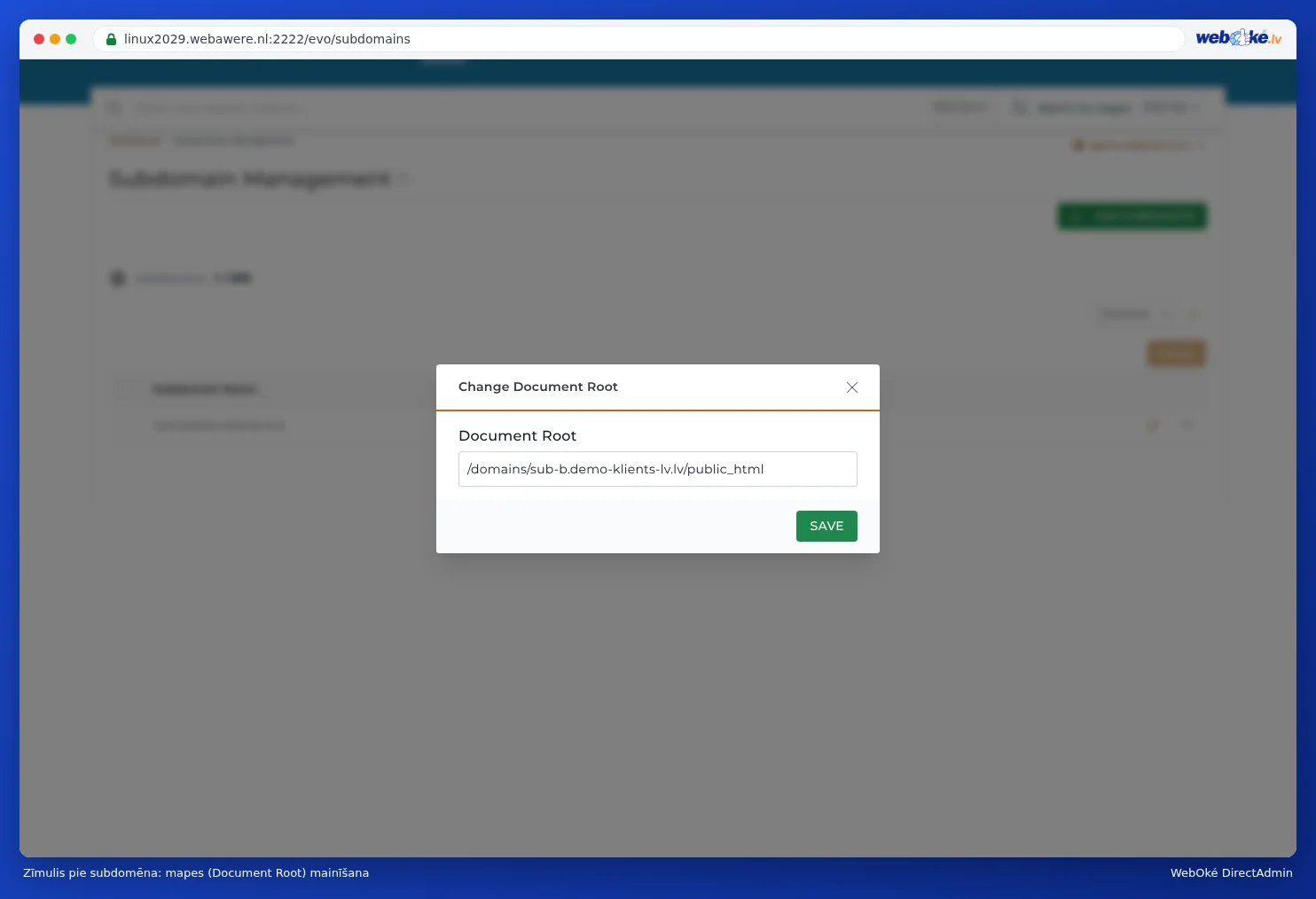 Logs Change Document Root ar lauku Document Root un pogu Save
