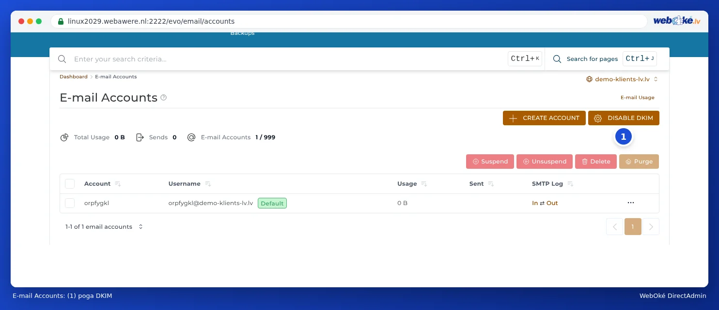 Lapa E-mail Accounts ar pogu Schakel DKIM uit