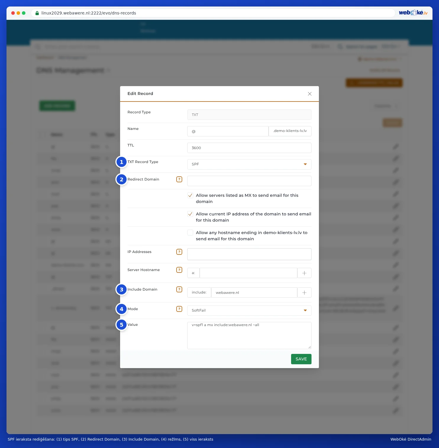 Logs Edit Record SPF ierakstam ar TXT Record Type SPF, Redirect Domain, trim ķeksīšiem, IP Addresses, Server Hostname, Include Domain ar webawere.nl, Mode SoftFail un Value