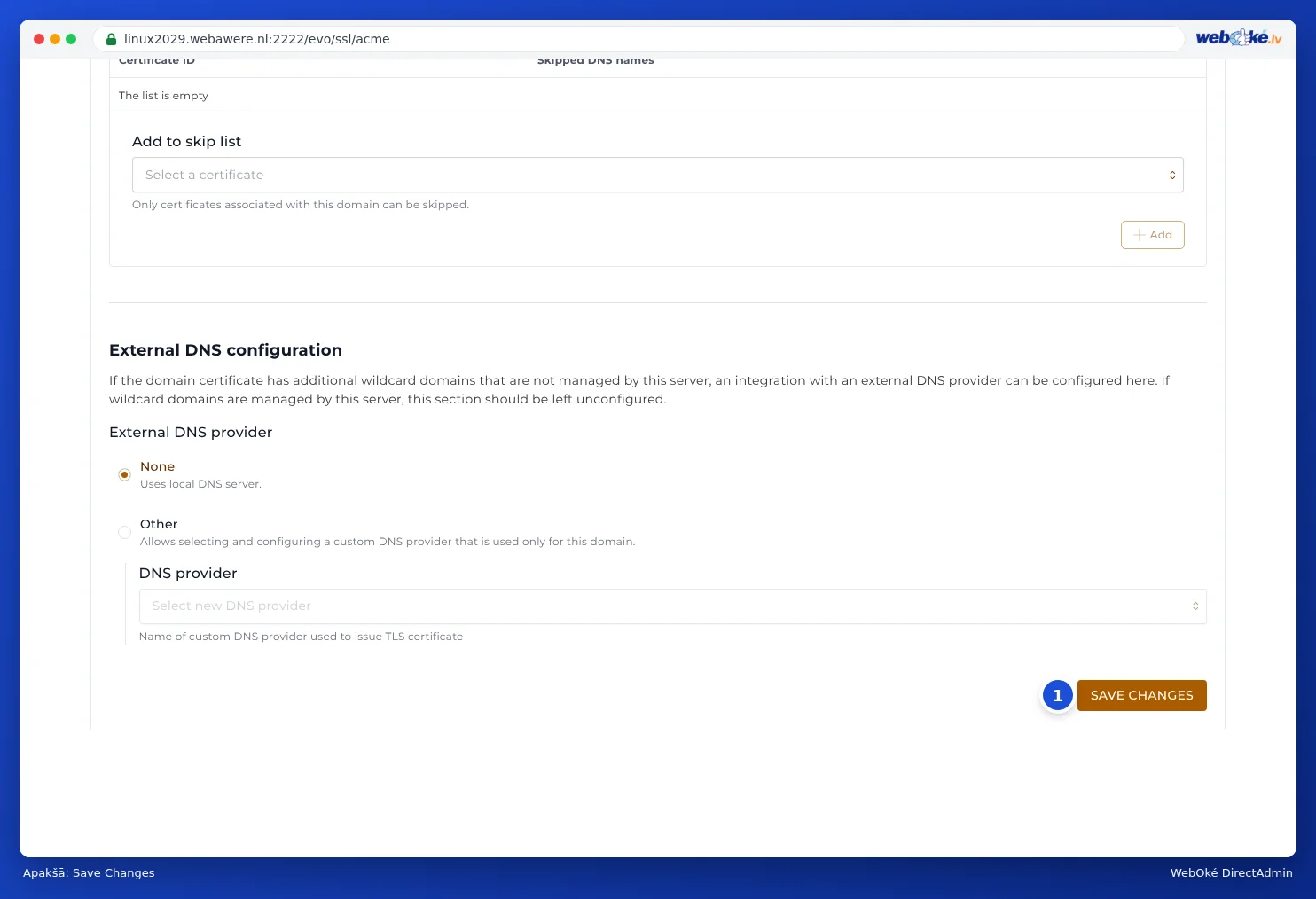 Apakšējā daļa sadaļā ACME Settings ar pogu Save changes