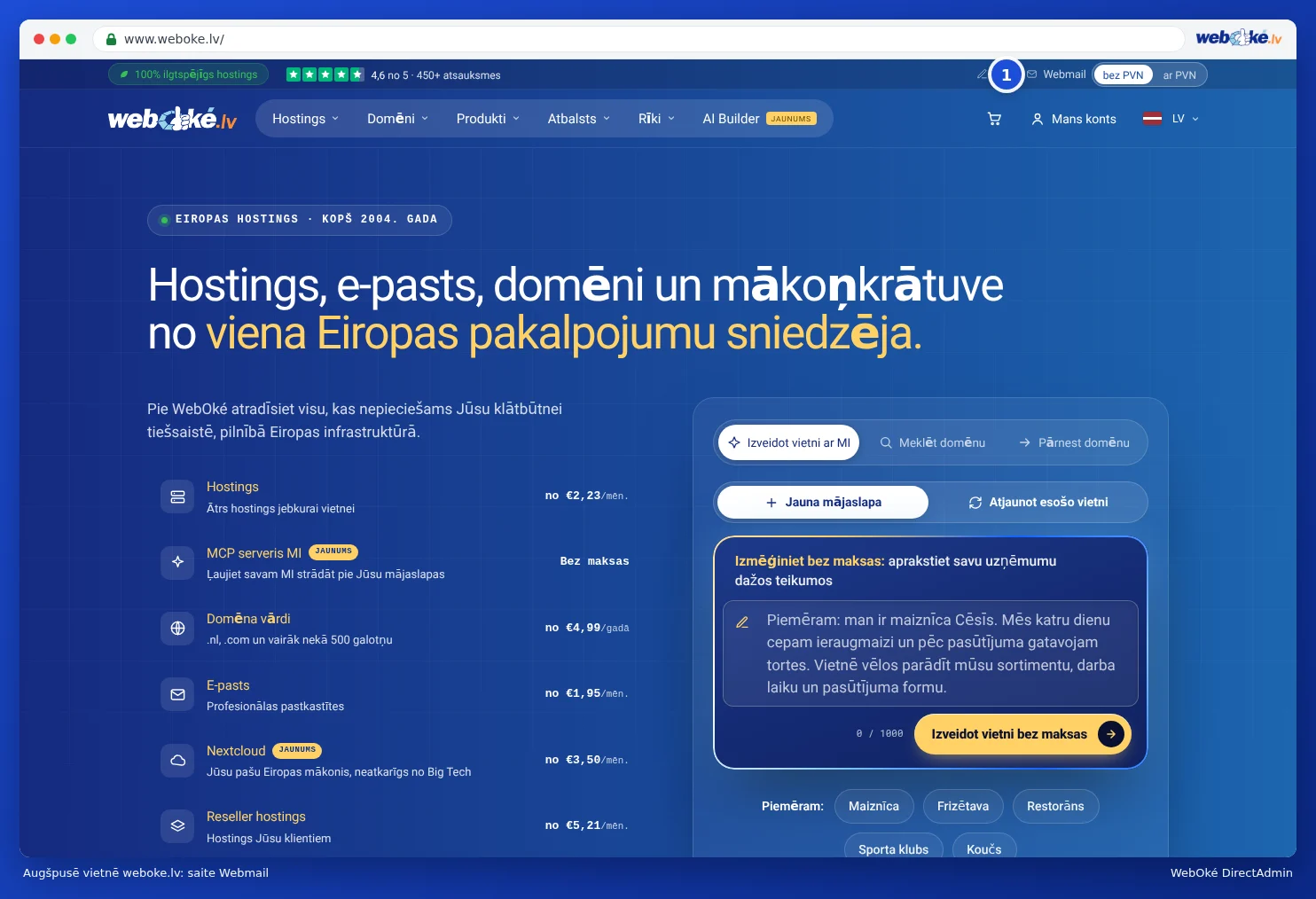 WebOké vietne ar saiti Webmail augšā