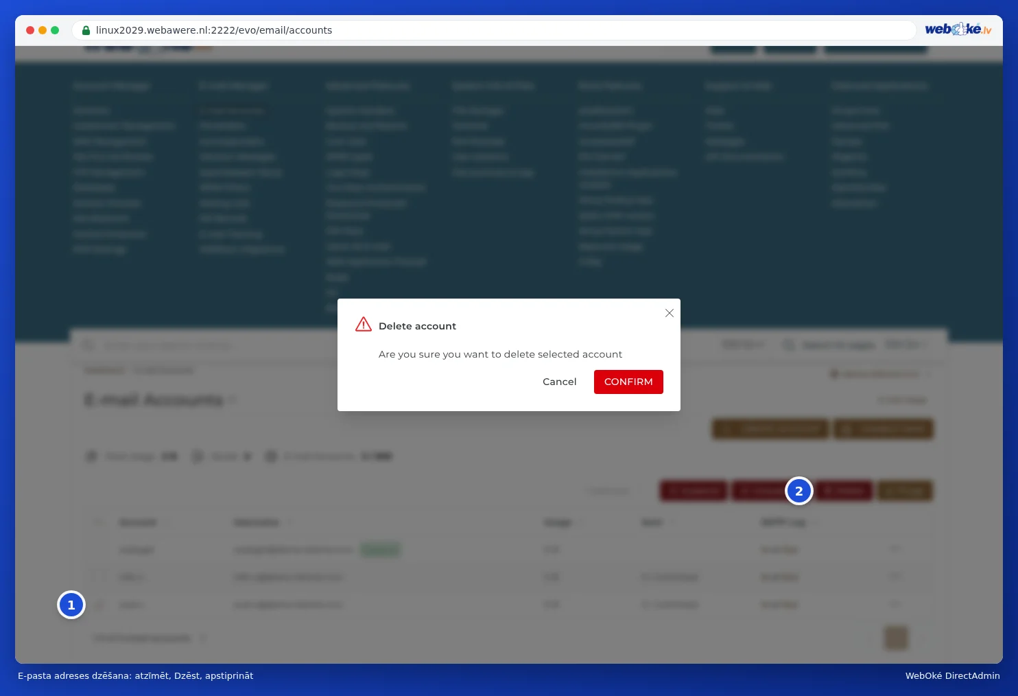 E-mail Accounts ar atzīmētu pasta kastīti un logu dzēšanas apstiprināšanai