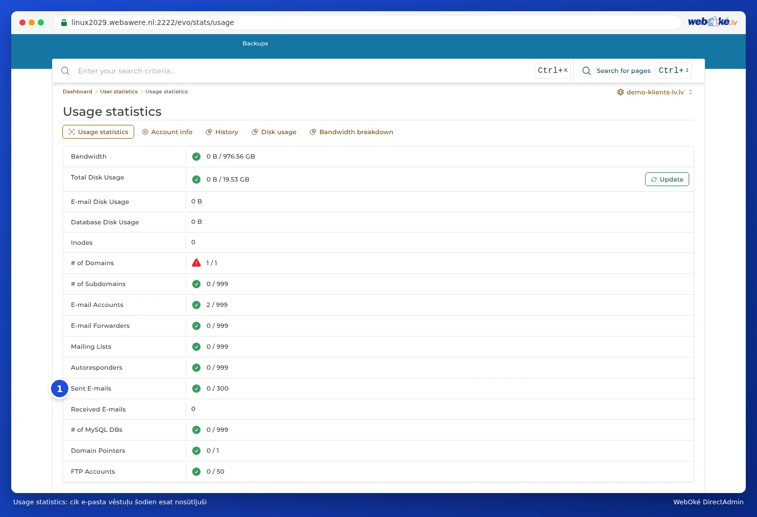 Lietojuma statistika DirectAdmin ar rindu Sent E-mails 0 / 300