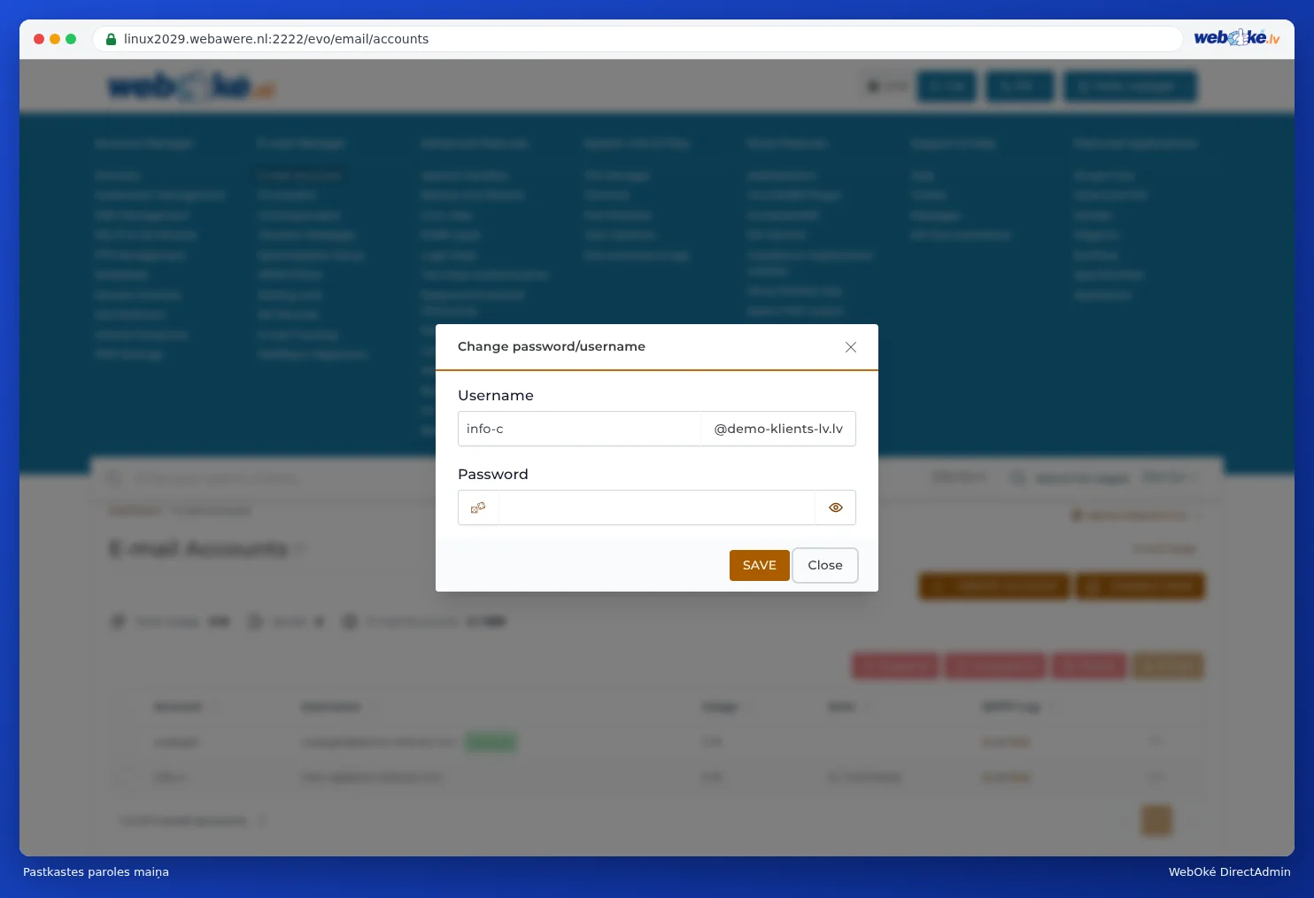 Logs Change password/username ar laukiem User Name un Parole un pogu Saglabāt