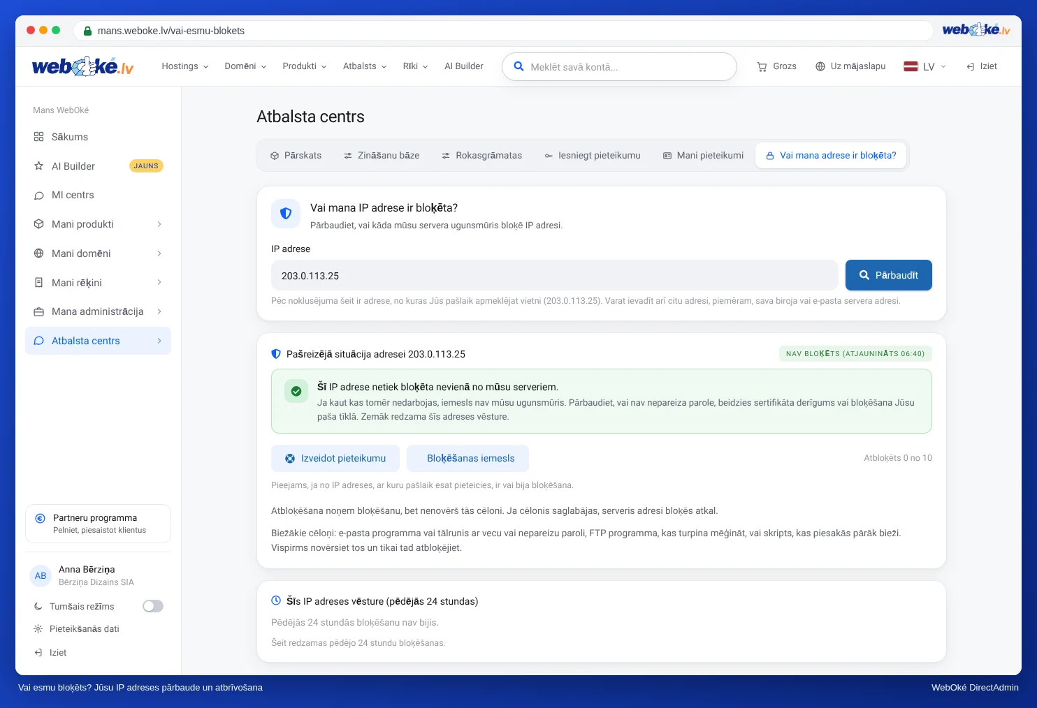 Lapa Vai mana IP adrese ir bloķēta Mijn WebOké ar Jūsu IP adresi un pogu Pārbaudīt