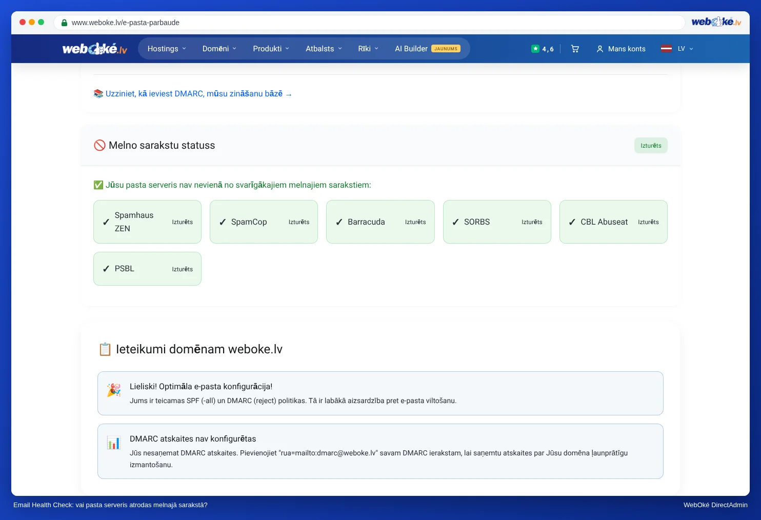 Email Health Check melno sarakstu sadaļa, kurā redzams, vai pasta serveris atrodas katrā no sarakstiem