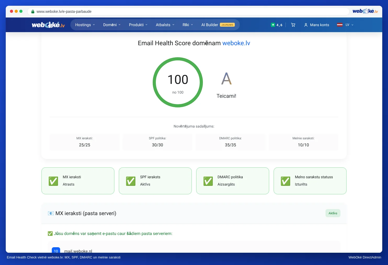 Email Health Check rezultāts WebOké vietnē ar novērtējumu un MX, SPF un DMARC pārbaudēm