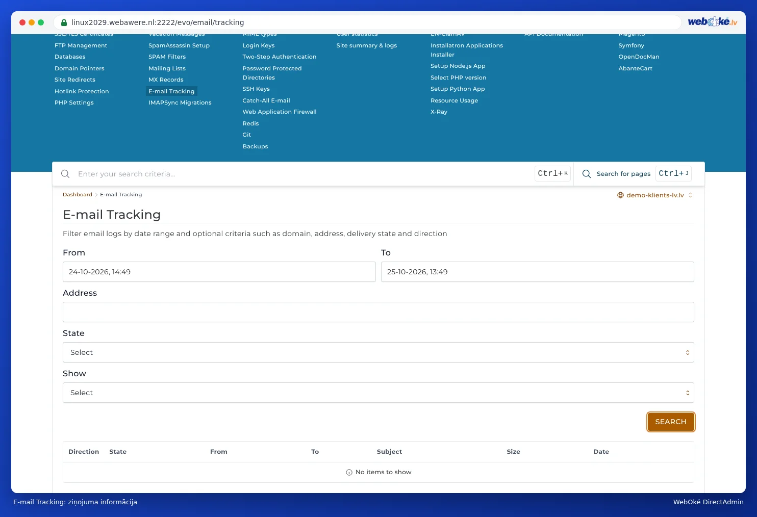 Logs ar ziņojuma detaļām E-mail Tracking rīkā, kur redzams id, datums, statuss, sūtītājs, saņēmējs, virziens un host