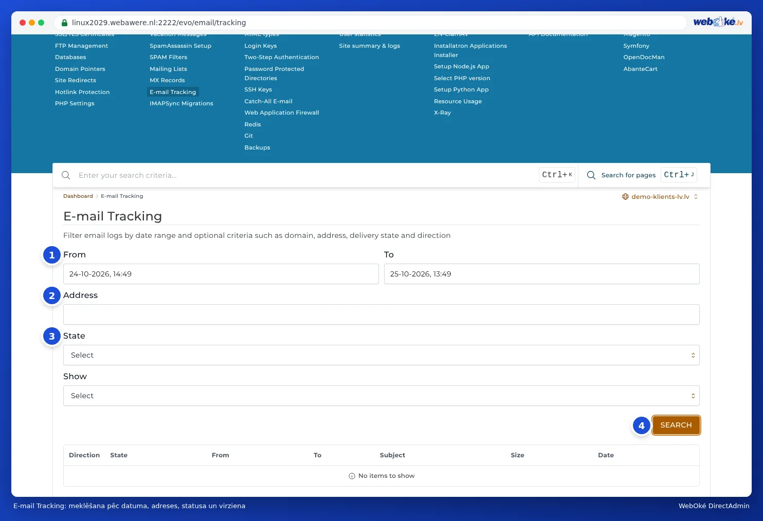 E-mail Tracking ar meklēšanas laukiem From, To, Address, State un Show, zem kuriem redzami divi piegādāti ziņojumi