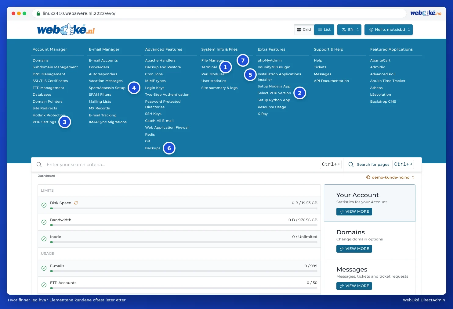 Menyen i DirectAdmin med nummererte markeringer ved Terminal, Select PHP version, PHP Instellingen, SpamAssassin instellen, Installatron, Backups og Bestandsbeheer