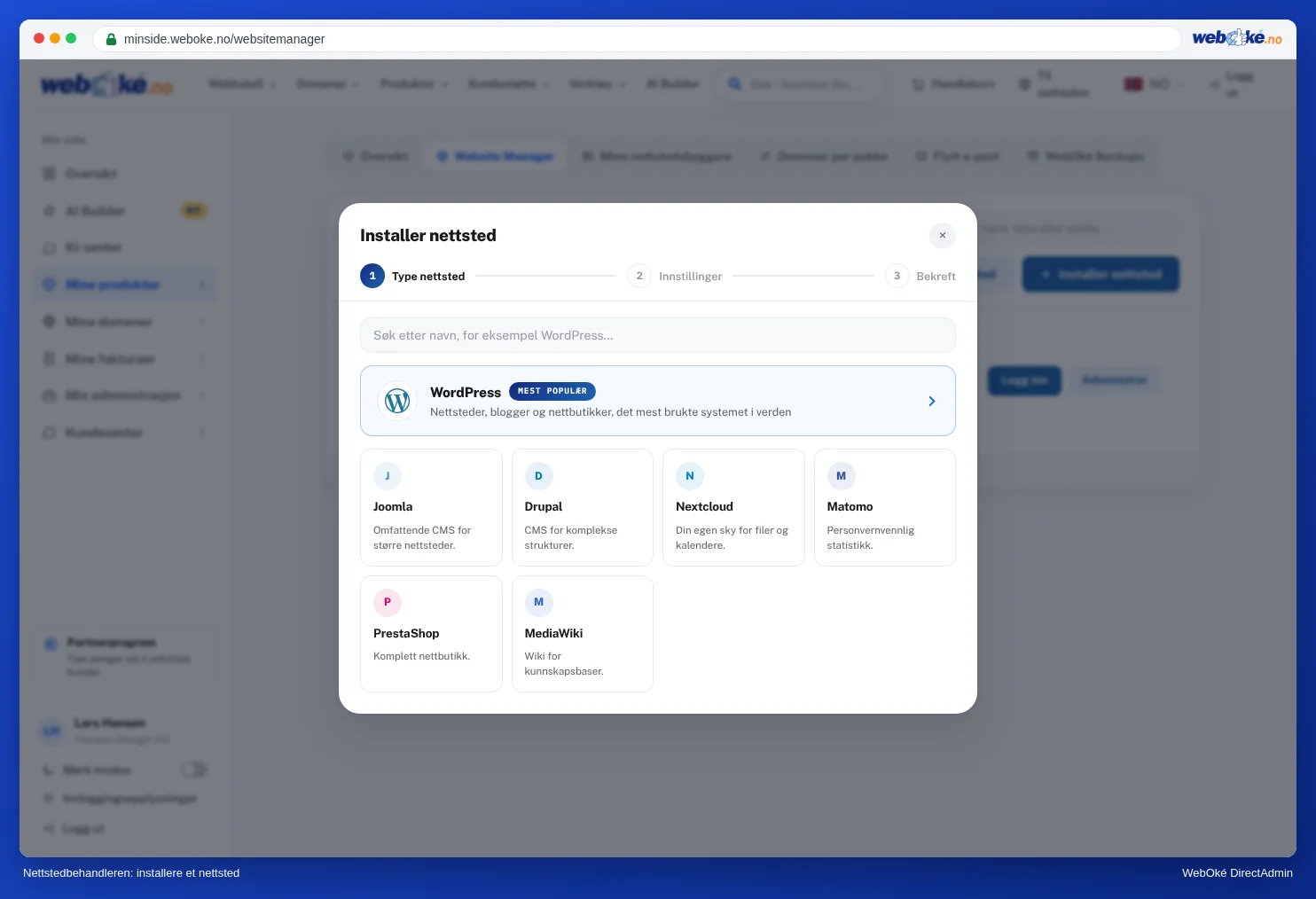 Vinduet Installer nettsted i Website Manager med WordPress øverst og annen programvare som Joomla, Drupal og Nextcloud