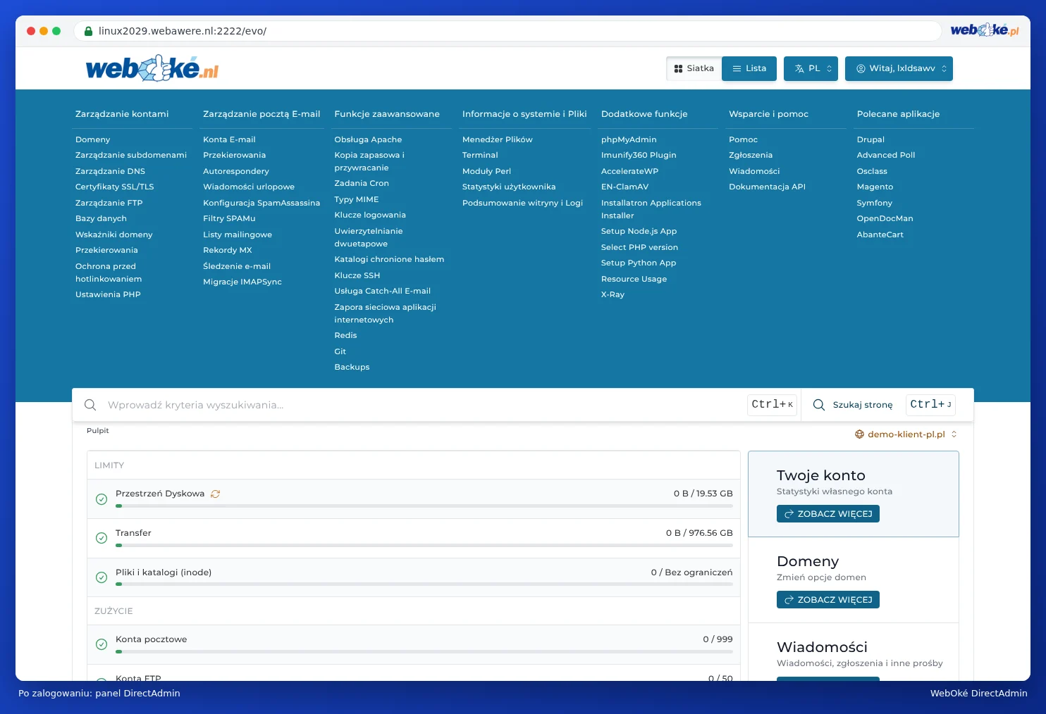 Pulpit DirectAdmin z logo WebOké, menu i limitami pakietu