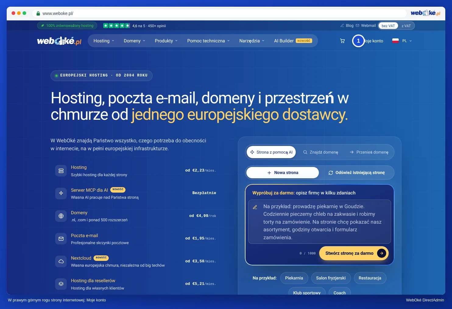 Strona internetowa WebOké z linkiem Moje konto w prawym górnym rogu