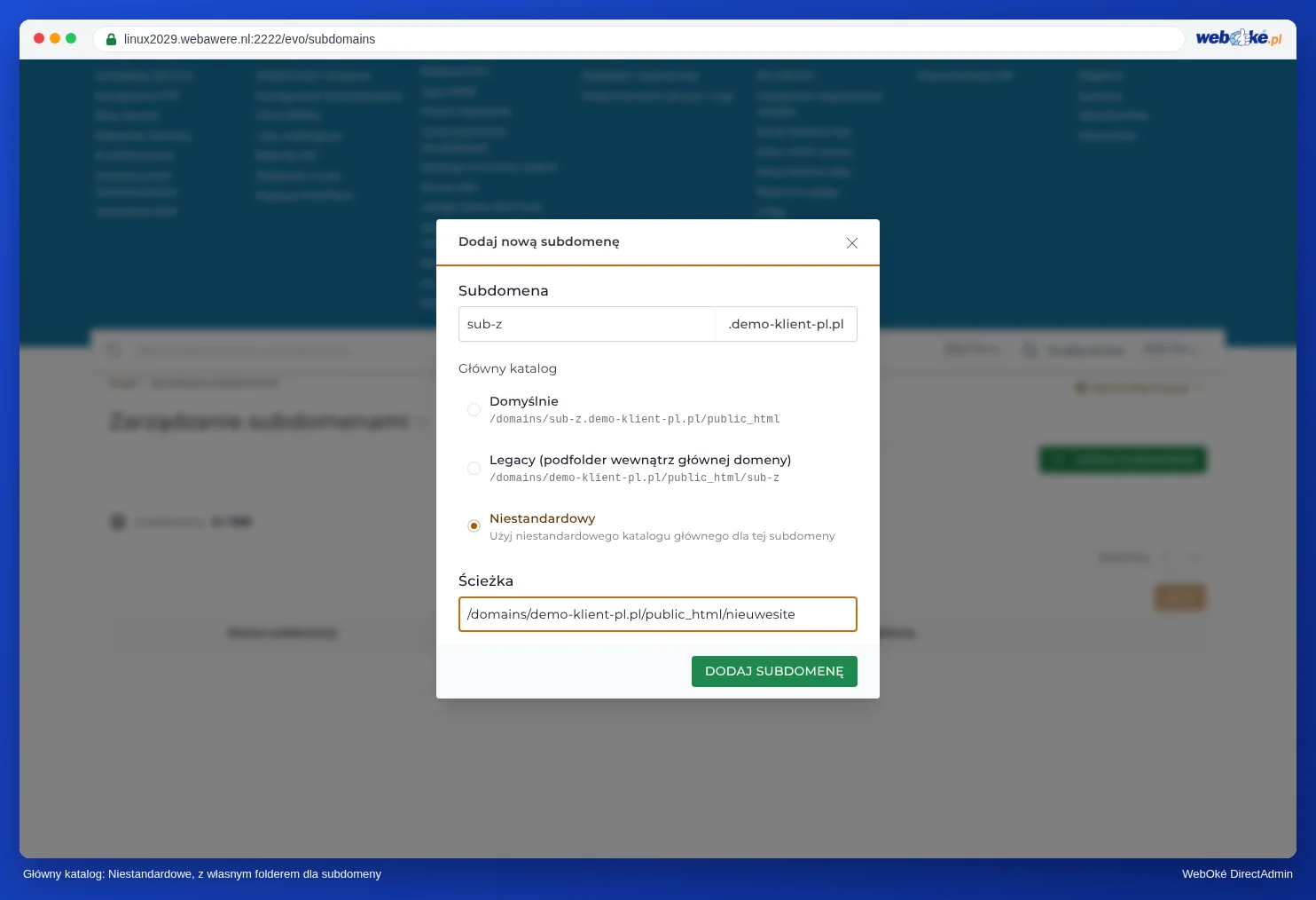 Okno Dodaj nową subdomenę z opcją Niestandardowy przy Document Root oraz polem na własny katalog