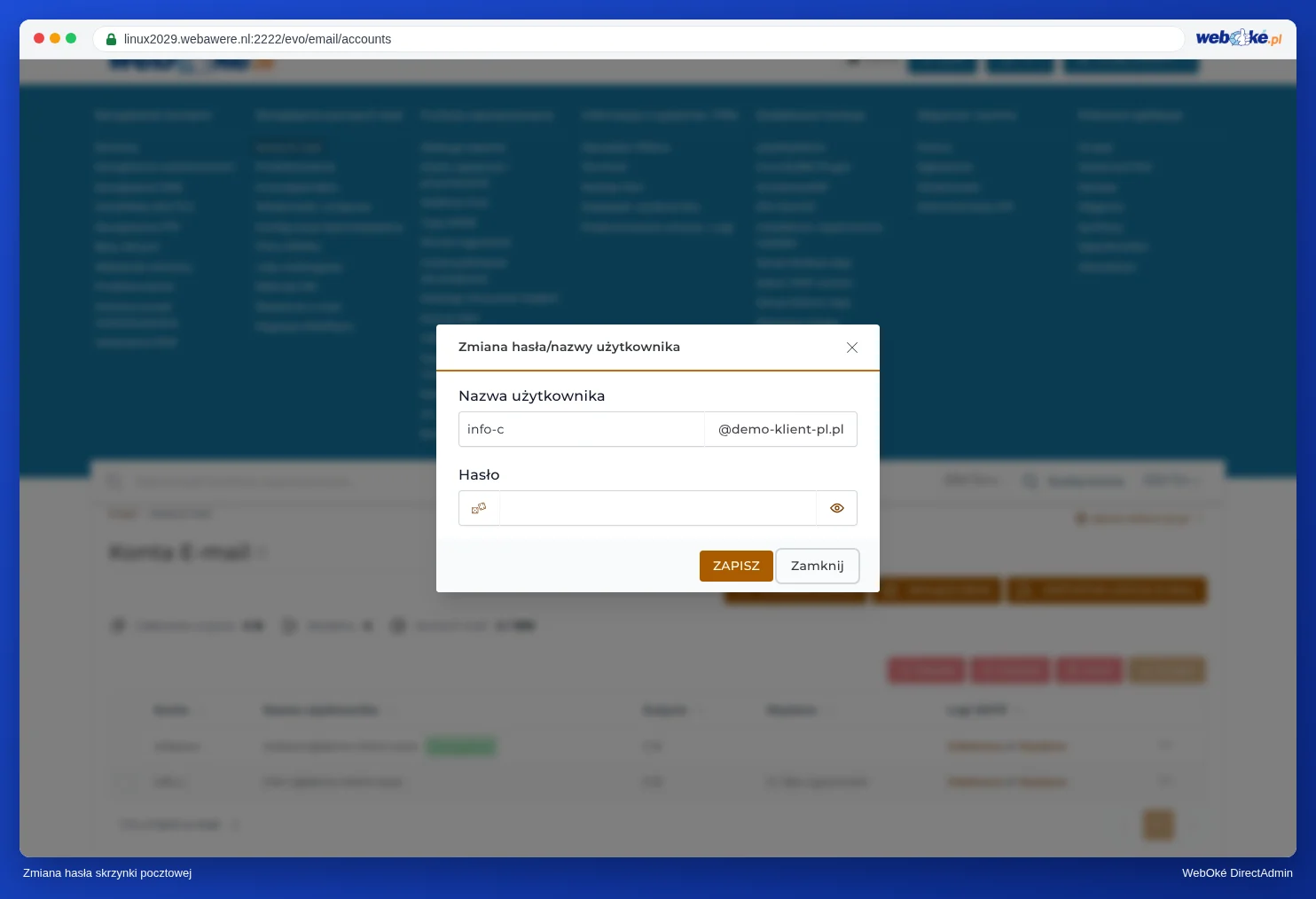 Okno Zmiana hasła/nazwy użytkownika z polami Nazwa użytkownika i Hasło oraz przyciskiem Save