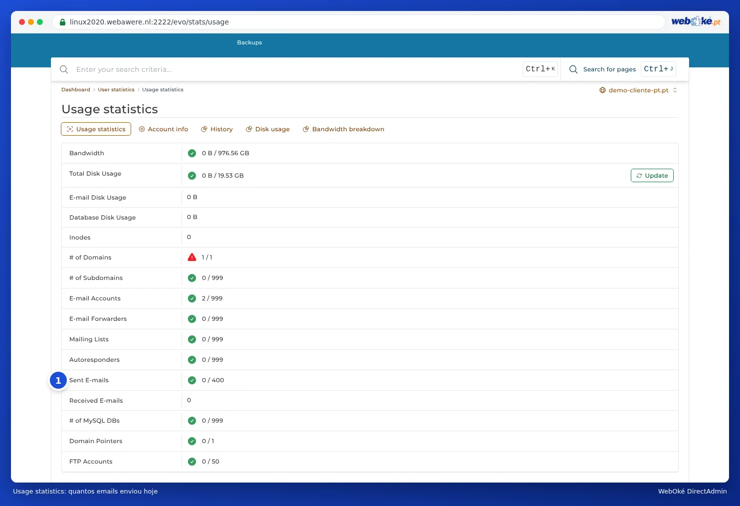 Estatísticas de uso em DirectAdmin com a linha E-mails enviados 0 / 300