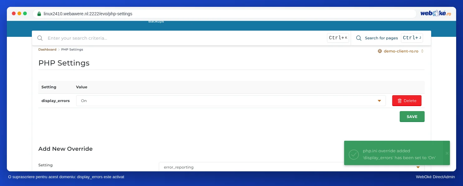 PHP Settings cu suprascrierea display_errors în partea de sus cu valoarea Op și butonul Delete, iar dedesubt din nou blocul Add New Override