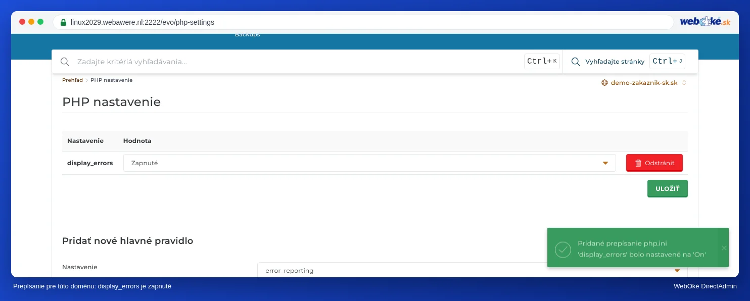 PHP Instellingen s hlavným pravidlom display_errors s hodnotou Op a tlačidlom Verwijder hore, a pod ním znova blok Pridať nové hlavné pravidlo