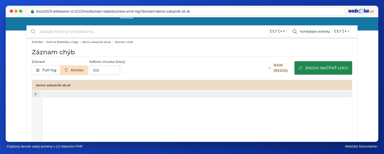 Záznam chýb ukážkovej domény voorbeelddomein5.nl s riadkom PHP Warning s cestou k súboru a číslom riadku úplne dole